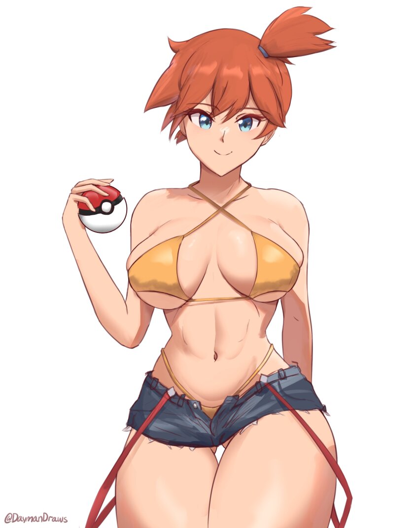 1girl, abs, absurdres, armpits, asymmetrical_hair, belt_loop, bikini, blue_eyes, blush, breasts, cleavage, closed_mouth, collarbone, cowboy_shot, curvy, cutoffs, daymandraws, denim, denim_shorts, eyelashes, female_focus, green_shorts, gym_leader, halterneck, hand_up, highres, holding, holding_poke_ball, large_breasts, legs, looking_at_viewer, midriff, misty_(pokemon), muscular, navel, nintendo, nipples, orange_bikini, orange_hair, poke_ball, poke_ball_(basic), poke_ball_(generic), pokemon, pokemon_(anime), pokemon_(classic_anime), ponytail, shiny_skin, shirt, short_hair, short_shorts, shorts, side_ponytail, simple_background, sleeveless, sleeveless_shirt, smile, solo, standing, suspenders, swimsuit, thick_thighs, thigh_gap, thighs, thong, twitter_username, white_background, wide_hips, yellow_bikini