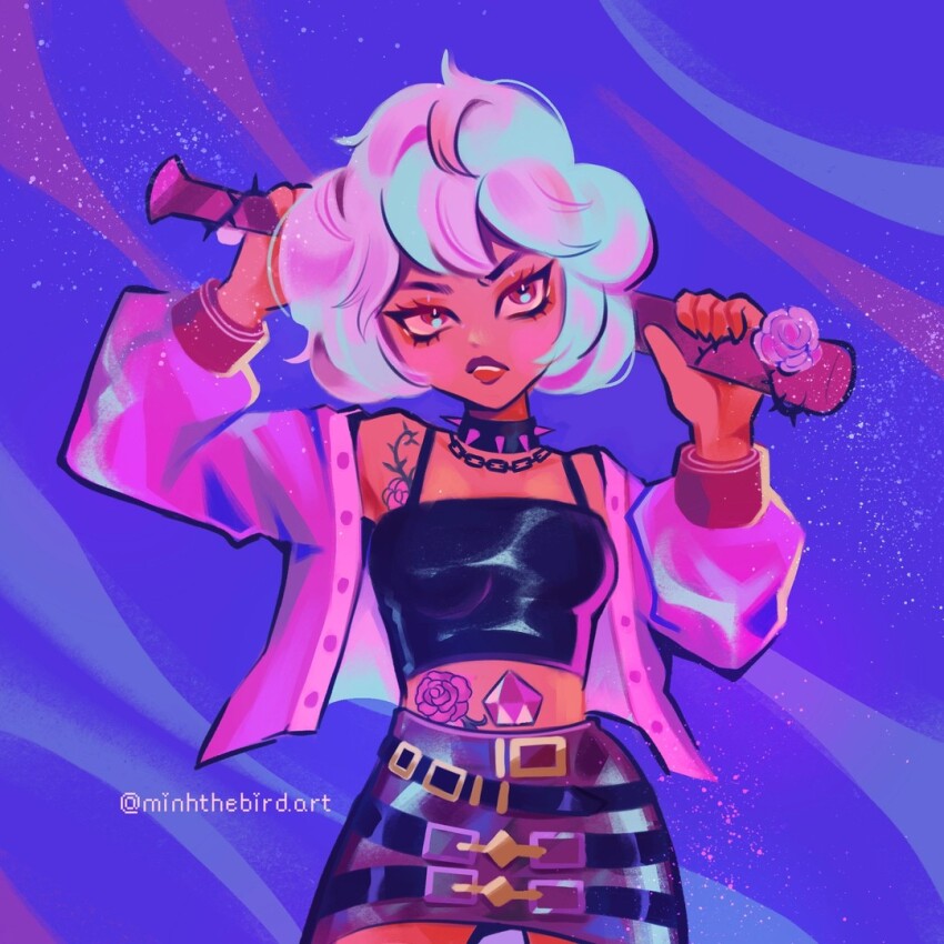 1girl, baseball_bat, belt, black_camisole, blue_background, blue_hair, breasts, camisole