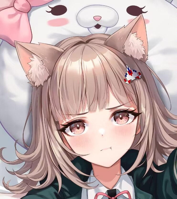 1girl, 71150521_(user_agrk2888), animal_ears, blunt_bangs, blush, bow, brown_hair, cat_ears