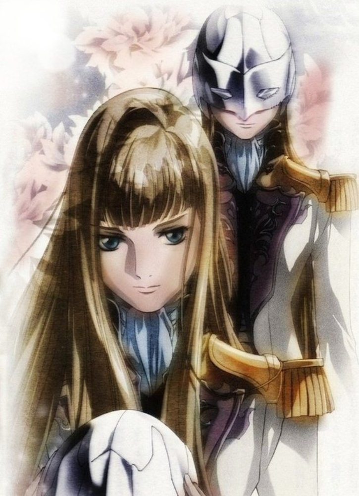 1boy, 1girl, asagi_sakura, ascot, blonde_hair, blue_eyes, brother_and_sister, epaulettes, gundam, gundam_wing, helmet, long_hair, mask, relena_peacecraft, scan, siblings, spoilers, zechs_merquise