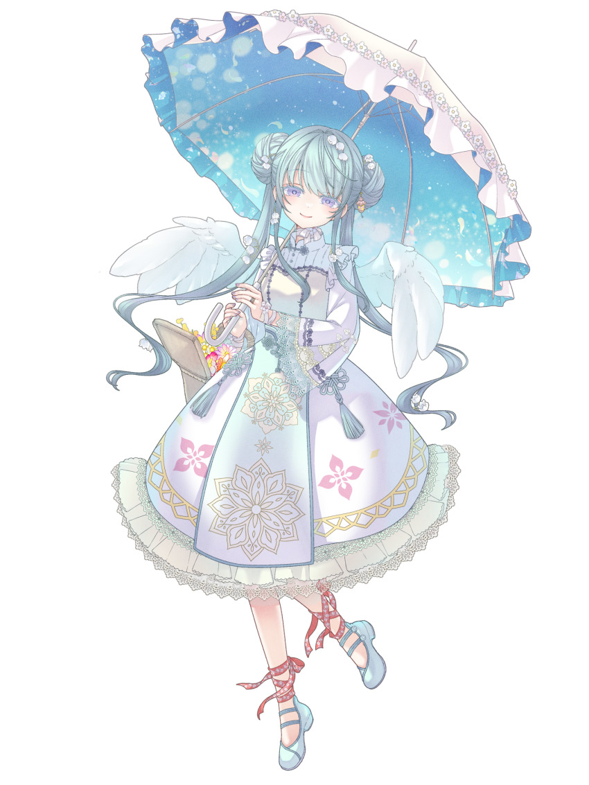 1girl, aqua_hair, basket, blue_footwear, dairoku_ryouhei, double_bun, dress, feathered_wings, full_body, fuzukitouka, grey_eyes, hair_bun, highres, holding, holding_umbrella, looking_at_viewer, parasol, smile, tassel, til_roeve, transparent_background, twintails, umbrella, white_dress, white_wings, wings