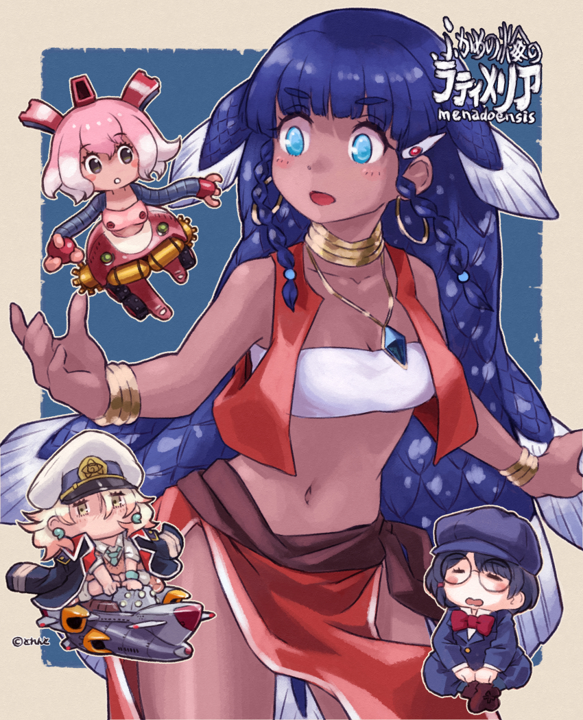 4girls, absurdres, alternate_skin_color, blue_eyes, blue_hair, blush_stickers, borrowed_character, bow