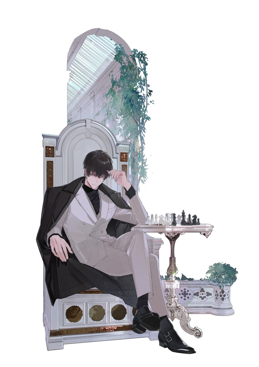 1boy, absurdres, ankle_socks, belt_buckle, bishounen, black_coat, black_hair, black_shirt