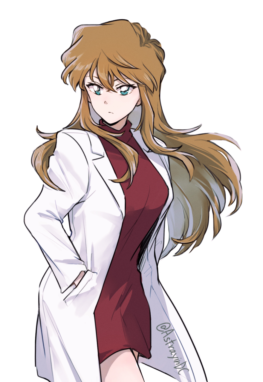 1girl, astrayin, breasts, brown_hair, closed_mouth, coat, cowboy_shot, dress