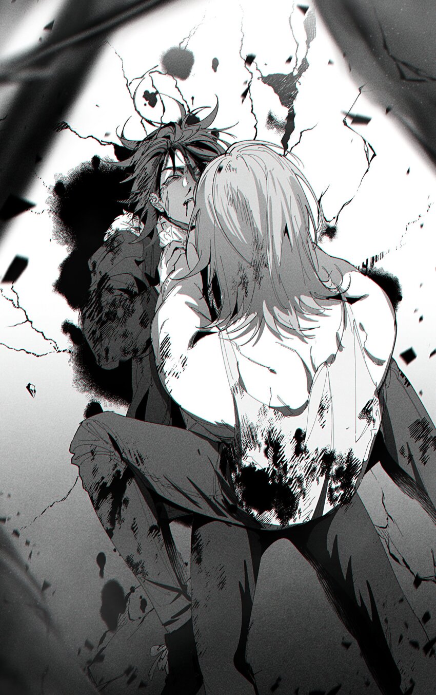 2boys, absurdres, blood, blood_from_mouth, blood_in_hair, blood_on_clothes, blood_on_ground, chromatic_aberration