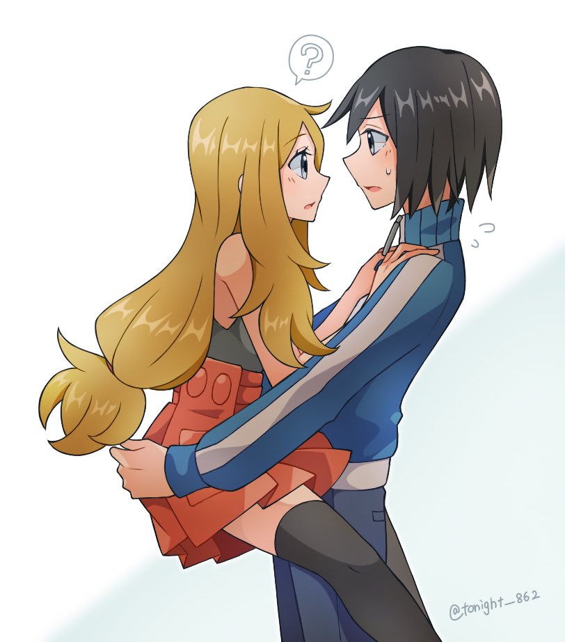 1boy, 1girl, ?, bare_arms, bare_shoulders, black_hair, black_shirt, black_thighhighs