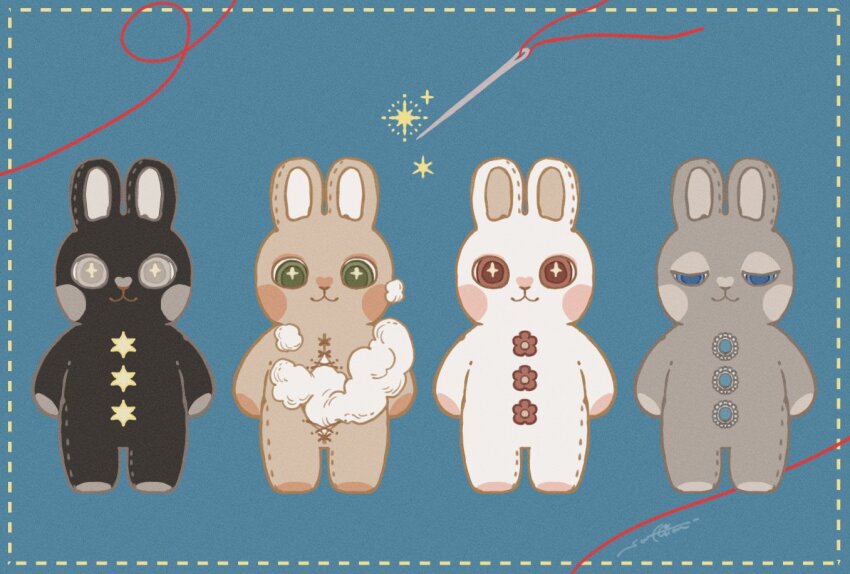 +_+, 4others, aster0014, black_rabbit_(animal), blue_eyes, brown_rabbit, buttons, film_grain, flower-shaped_buttons, gold_buttons, green_eyes, grey_eyes, half-closed_eyes, large_buttons, multiple_others, needle, no_humans, object_focus, original, red_eyes, sewing_needle, signature, sparkle, sparkling_eyes, star-shaped_buttons, star_(symbol), star_button, stitched_leg, stitched_torso, stitches, stuffed_animal, stuffed_rabbit, stuffed_toy, stuffing, thread, white_rabbit_(animal)