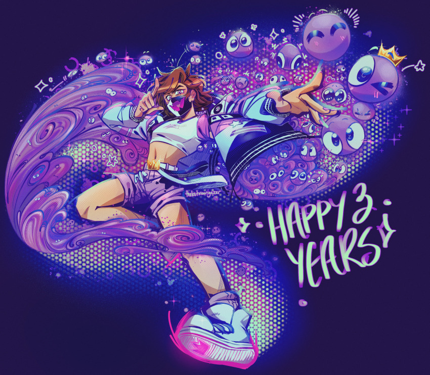 1other, absurdres, androgynous, belt, brown_hair, crop_top, crown, crown_(symbol)