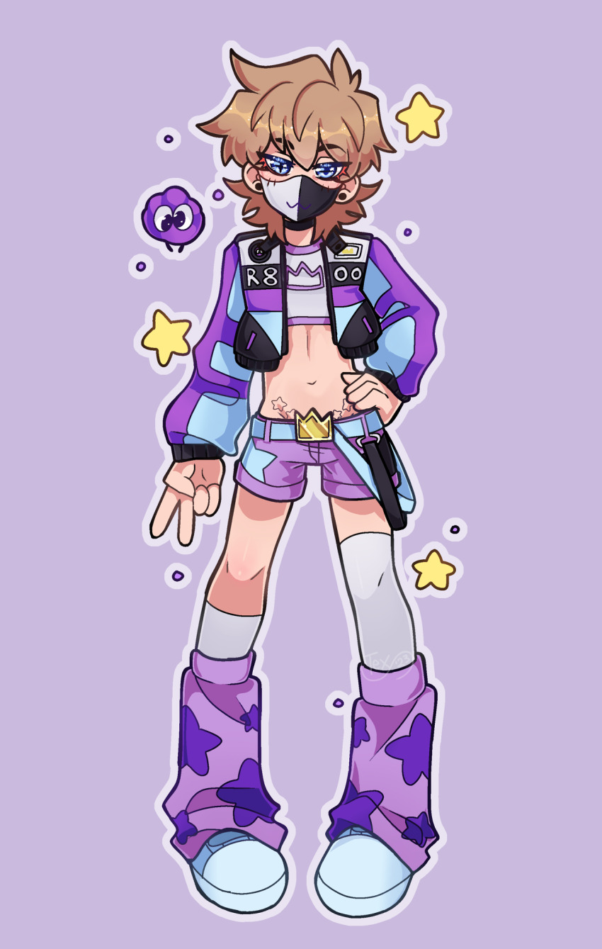 1other, androgynous, belt, blue_eyes, brown_hair, crop_top, cropped_shirt, crown_(symbol)