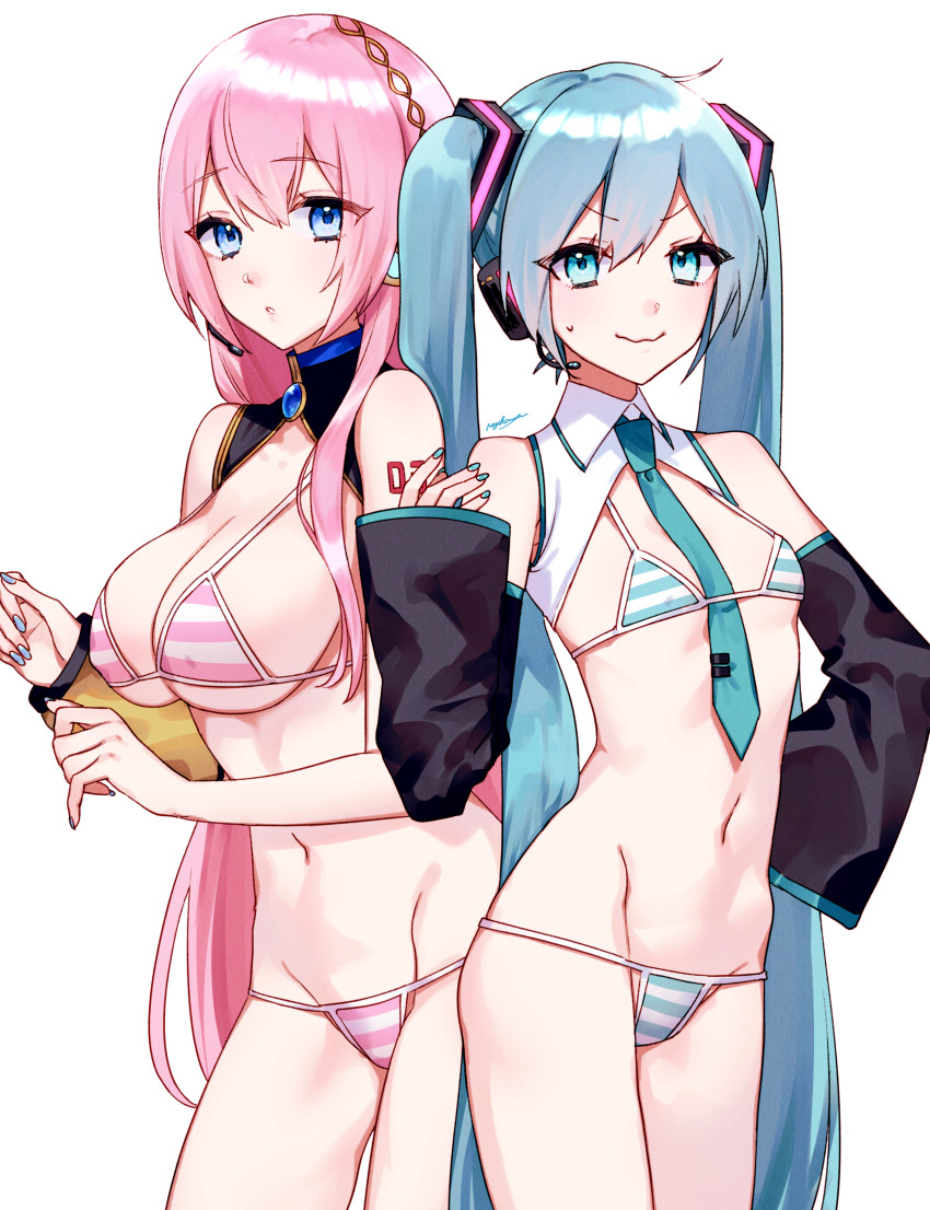 2girls, absurdres, aqua_bikini, aqua_eyes, aqua_hair, aqua_nails, aqua_necktie, aqua_trim, arm_tattoo, back-to-back, bare_shoulders, bikini, black_sleeves, blue_eyes, blue_nails, breasts, brooch, closed_mouth, collared_shirt, commentary_request, cowboy_shot, detached_sleeves, flat_chest, hair_between_eyes, hair_ornament, hair_over_shoulder, hand_on_own_hip, hand_up, hatsune_miku, headset, highres, jewelry, large_breasts, long_hair, long_sleeves, looking_at_viewer, megurine_luka, meme, miku_collar_bikini, multicolored_bikini, multiple_girls, nail_polish, navel, necktie, nogikawa, number_tattoo, parted_lips, pink_bikini, pink_hair, shirt, signature, simple_background, smile, standing, striped_bikini, striped_clothes, sweatdrop, swimsuit, tattoo, teeth, turtleneck, two-tone_bikini, v-shaped_eyebrows, very_long_hair, vocaloid, wavy_mouth, white_background, white_bikini, white_shirt