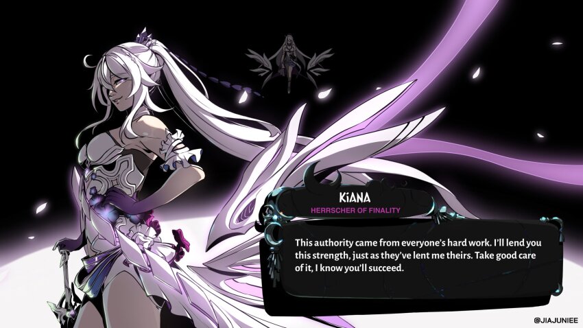 1girl, ahoge, bare_shoulders, breasts, commentary, cowboy_shot, crown, dress, english_commentary, english_text, from_side, full_body, hades_(series), hades_2, hair_between_eyes, high_ponytail, highres, honkai_(series), honkai_impact_3rd, jiajuniee, kiana_kaslana, kiana_kaslana_(herrscher_of_finality), long_hair, multiple_views, parted_lips, ponytail, purple_hands, smile, thighs, twitter_username, very_long_hair, white_dress, white_hair