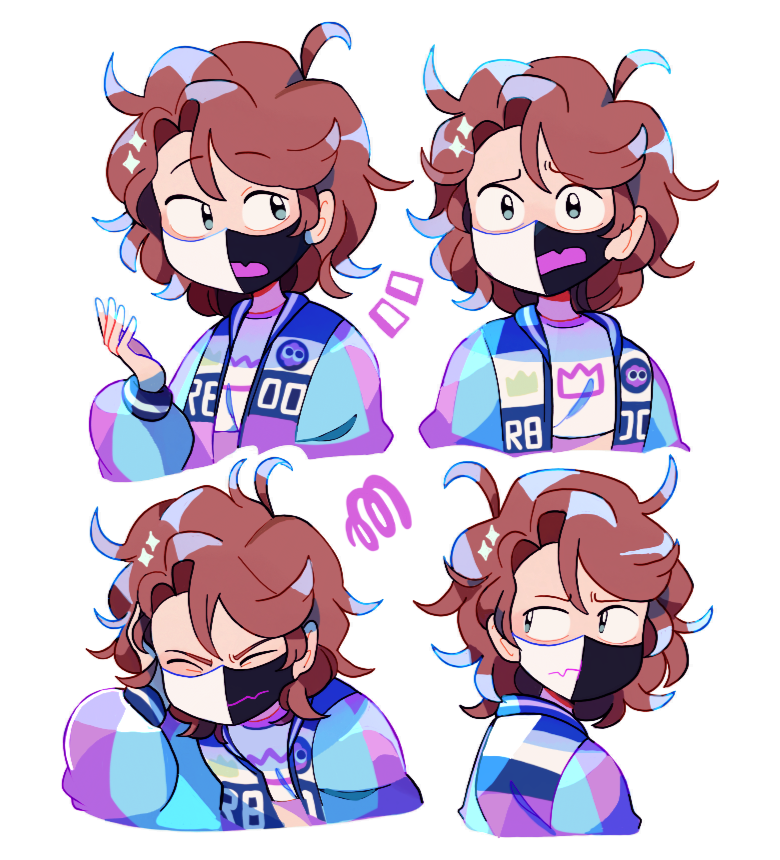 1other, ahoge, androgynous, brown_hair, crop_top, multiple_expressions, grey_eyes, indie_virtual_youtuber