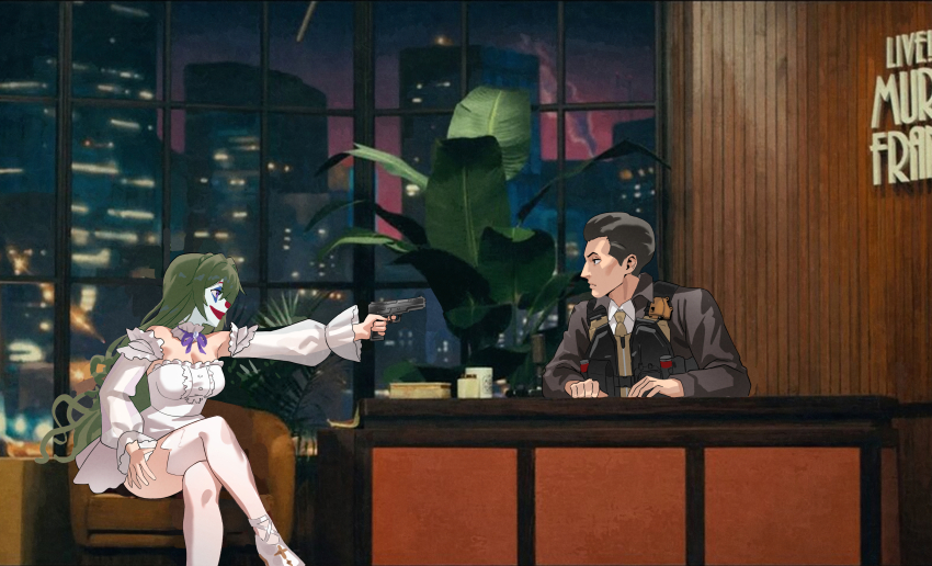 1boy, 1girl, batman_(series), breasts, brown_jacket, collared_shirt, crossed_legs, dc_comics