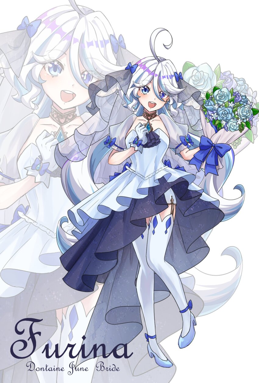 1girl, :d, ahoge, ascot, blue_ascot, blue_dress, blue_eyes, blue_footwear