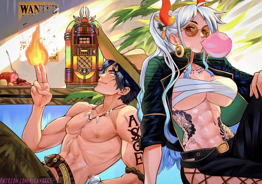 1boy, 1girl, abs, alternate_costume, arm_support, arm_tattoo, bandages, belt