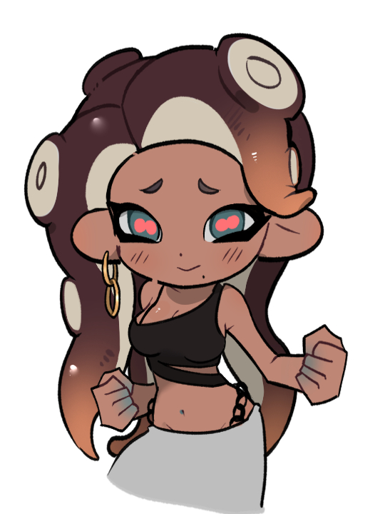 1girl, cephalopod_eyes, clenched_hands, commentary_request, dark-skinned_female, dark_skin, earrings, jewelry