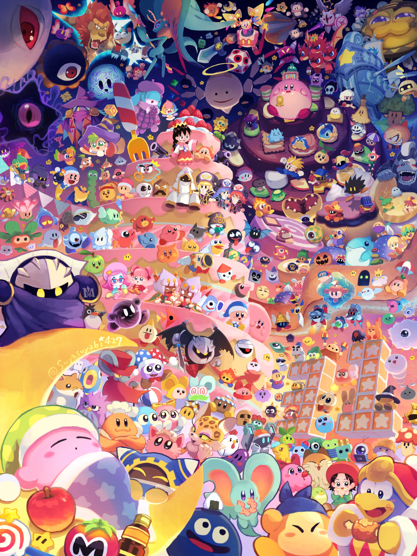 6+boys, 6+girls, 6+others, absurdly_detailed_composition, absurdres, adeleine, animal_ears, anniversary, apple, armor, awoofy, bandana, bandana_waddle_dee, bat_wings, batamon, beanie, beret, birdon_(kirby), black_hair, blade_knight, blonde_hair, blue_bandana, blue_eyes, blue_hair, blush_stickers, bomb, bomber_(kirby), boned_meat, boomerang, bow, bow_(weapon), bowtie, boxboy!, brobo, bronto_burt, broom, broom_hatter, buffahorn, bug, bun_(kirby), butterfly, butterfly_wings, cake, candy, cape, character_request, chef_hat, chef_kawasaki, chilly_(kirby), chuchu_(kirby), clawroline, claycia, clocker, closed_eyes, commentary_request, coner, coo_(kirby), copyright_request, corori, crescent_moon, crossed_arms, crown, dark_matter_(kirby), dark_meta_knight, dark_nebula, daroach, doc_(kirby), doomer_(kirby), dragon, dragon_wings, drawcia, dubior, elfilin, elline_(kirby), energy_drink_(kirby), explosive, facial_hair, fecto_elfilis, fez_hat, flamberge_(kirby), floaty_the_cell_core_(kirby), food, fork, francisca_(kirby), fruit, fumu_(kirby), furry, furry_female, furry_male, galacta_knight, galactic_nova, glasses, gooey_(kirby), gorimondo, grapes, green_eyes, green_hair, grizzo, gryll_(kirby), hair_ornament, halo, handheld_game_console, hat, hataraku_ufo, highres, holding, holding_boomerang, holding_food, holding_handheld_game_console, holding_shield, holding_staff, holding_sword, holding_umbrella, holding_weapon, hyness, insect, insect_wings, invincible_candy, jester_cap, kabula, keke_(kirby), kine_(kirby), king_dedede, kirby, kirby's_dream_buffet, kirby's_dream_land, kirby's_dream_land_2, kirby's_dream_land_3, kirby's_epic_yarn, kirby's_return_to_dream_land_deluxe, kirby's_star_stacker, kirby:_canvas_curse, kirby:_planet_robobot, kirby:_right_back_at_ya!, kirby:_squeak_squad, kirby:_triple_deluxe, kirby_&amp;_the_amazing_mirror, kirby_(series), kirby_64, kirby_and_the_forgotten_land, kirby_and_the_rainbow_curse, kirby_mass_attack, kirby_star_allies, knuckle_joe, kracko, lalala_(kirby), landia, leongar, leopard_ears, lollipop, lololo_(kirby), long_sleeves, lor_starcutter, lovely_(kirby), magolor, marx_(kirby), mask, master_crown, max_profitt_haltmann, maxim_tomato, meat, meta_knight, miracle_matter, moon, mouse_ears, mr._bright, mr._shine, mr._star, multiple_boys, multiple_girls, multiple_others, multiple_persona, mustache, n-z, nago_(kirby), nesp, nightcap, nintendo, nintendo_switch, noddy_(kirby), notched_ear, old_friend_(kirby), one-eyed, onigiri, open_mouth, party_hat, pauldrons, pink_hair, pitch_(kirby), plugg_(kirby), polof, pom_pom_(clothes), prank_(kirby), prince_fluff, qbby, queen_sectonia, red-framed_eyewear, red_bow, red_bowtie, red_cape, red_hair, red_hat, ribbon_(friend's_hairstyle)_(kirby), ribbon_(kirby), rick_(kirby), ripple_star_queen, robobot_armor, sandran, shadow_kirby, shield, shoulder_armor, sillydillo, simirror, sir_kibble, sitting, skully, sleeping, sleeves_past_fingers, sleeves_past_wrists, slit_pupils, smile, sphere_doomer, spookstep, staff, star_(symbol), starman_(kirby), sunglasses, susie_(kirby), susie_(weekend_outfit)_(kirby), suyasuyabi, swirl_lollipop, sword, sword_kirby, sword_knight, tac_(kirby), taranza, tongue, tongue_out, ufo_(kirby), ultra_sword_kirby, umbrella, void_soul, void_termina, waddle_dee, waddle_doo, weapon, wheelie_(kirby), whispy_woods, white_hair, wings, witch_hat, yellow_bow, yellow_eyes, zan_partizanne, zero_(kirby), zero_two_(kirby)