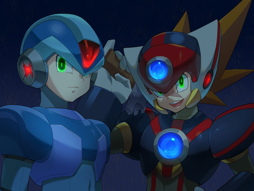2boys, absurdres, android, armor, axl_(mega_man), black_armor, blue_armor, blue_helmet, brown_hair, chest_jewel, commentary_request, cross_scar, dark_background, forehead_jewel, glowing, glowing_eyes, gradient_background, green_eyes, gun, helmet, highres, holding, holding_gun, holding_weapon, kuwata_yasuhiro, looking_at_viewer, male_focus, medium_hair, mega_man_(series), mega_man_x_(series), multiple_boys, o_deko, open_mouth, over_shoulder, red_helmet, scar, scar_on_face, shoulder_armor, spiked_hair, upper_body, weapon, weapon_over_shoulder
