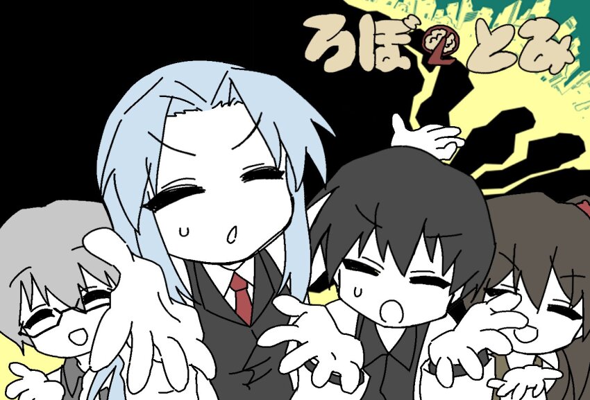 2boys, 2girls, angela_(project_moon), ayin_(project_moon), benjamin_(project_moon), black_hair, blue_hair, brown_hair