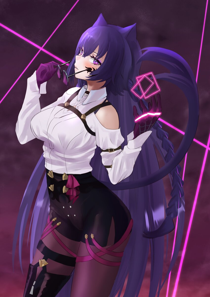 1girl, absurdres, animal_ears, asymmetrical_footwear, black-framed_eyewear, black_boots, black_skirt, blush