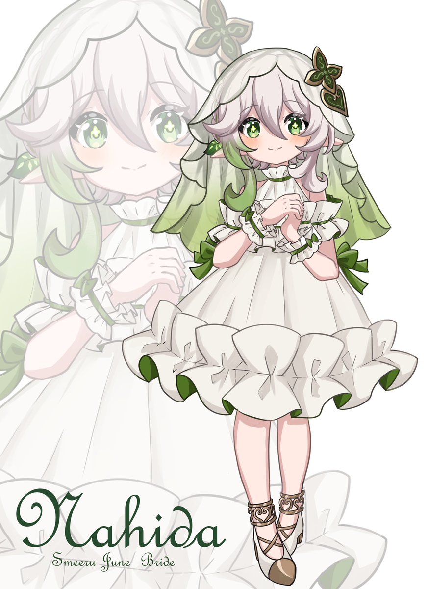 1girl, anklet, bare_shoulders, blush, bow, commentary_request, dress, english_text