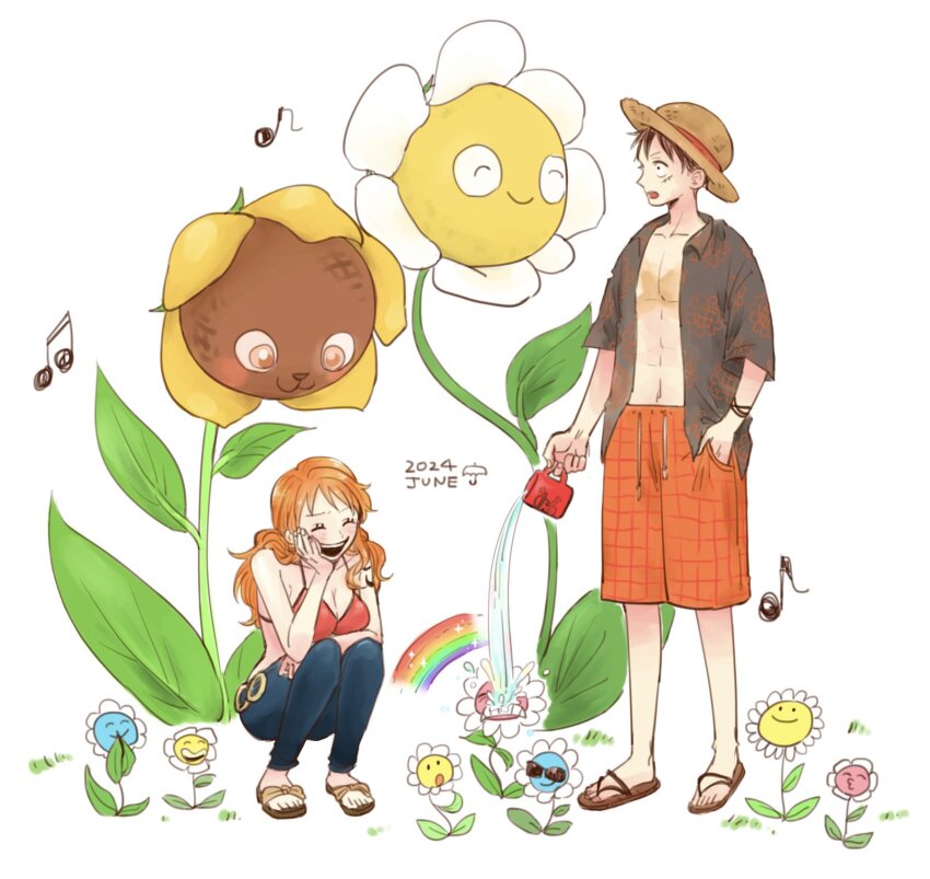 1boy, 1girl, arm_support, bare_shoulders, bikini, bikini_top_only, black_hair, blue_pants