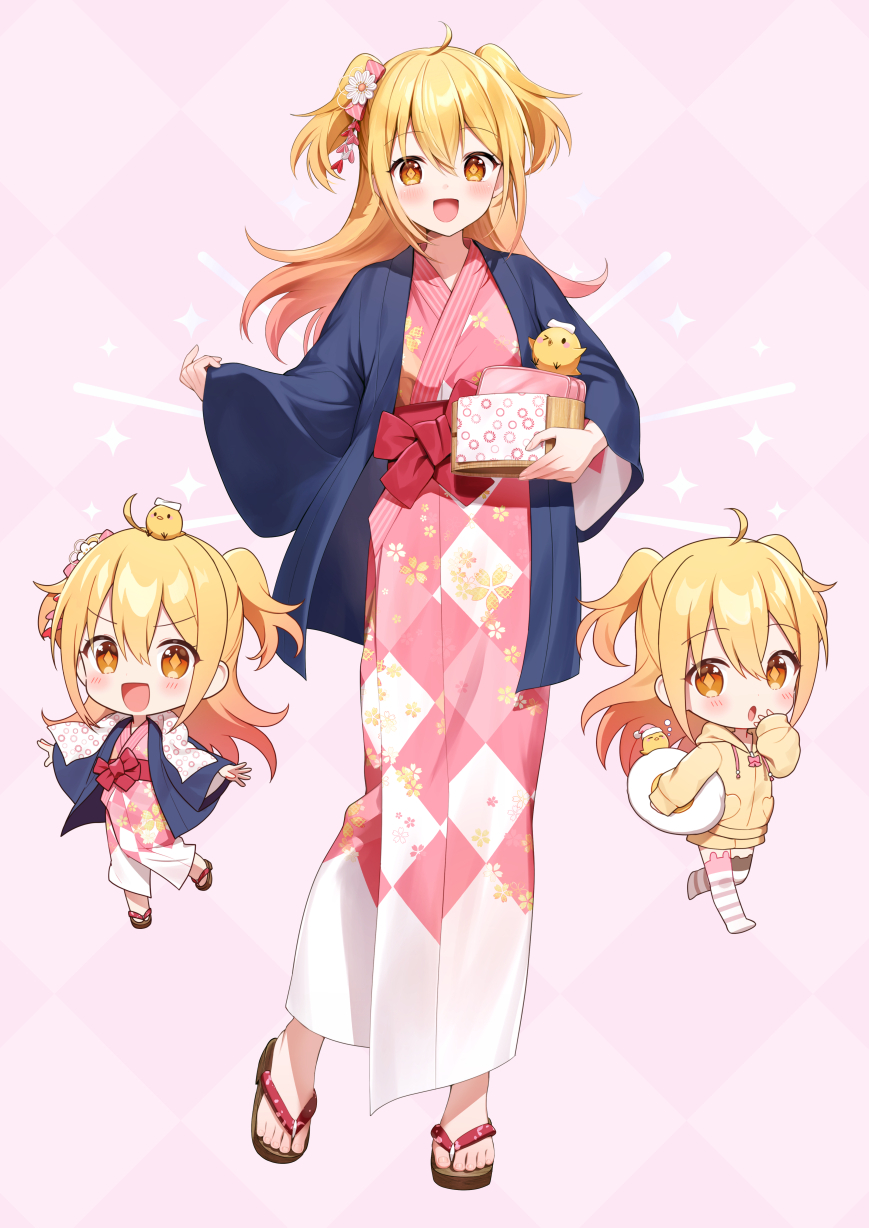 1girl, :d, ahoge, animal, animal_ear_legwear, animal_on_head, argyle_background, argyle_clothes