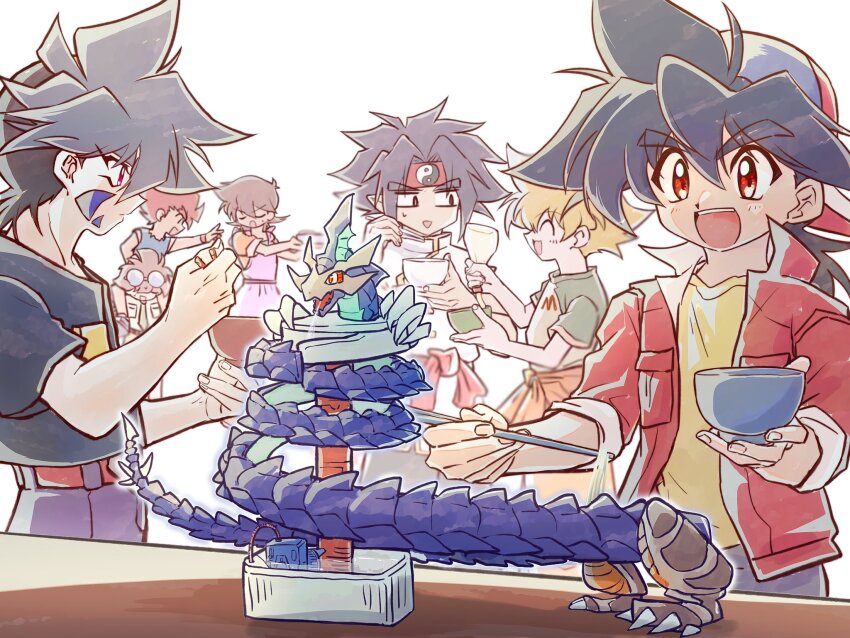 1girl, 6+boys, bakuten_shoot_beyblade, beyblade, black_hair, black_jacket, blonde_hair, blue_eyes
