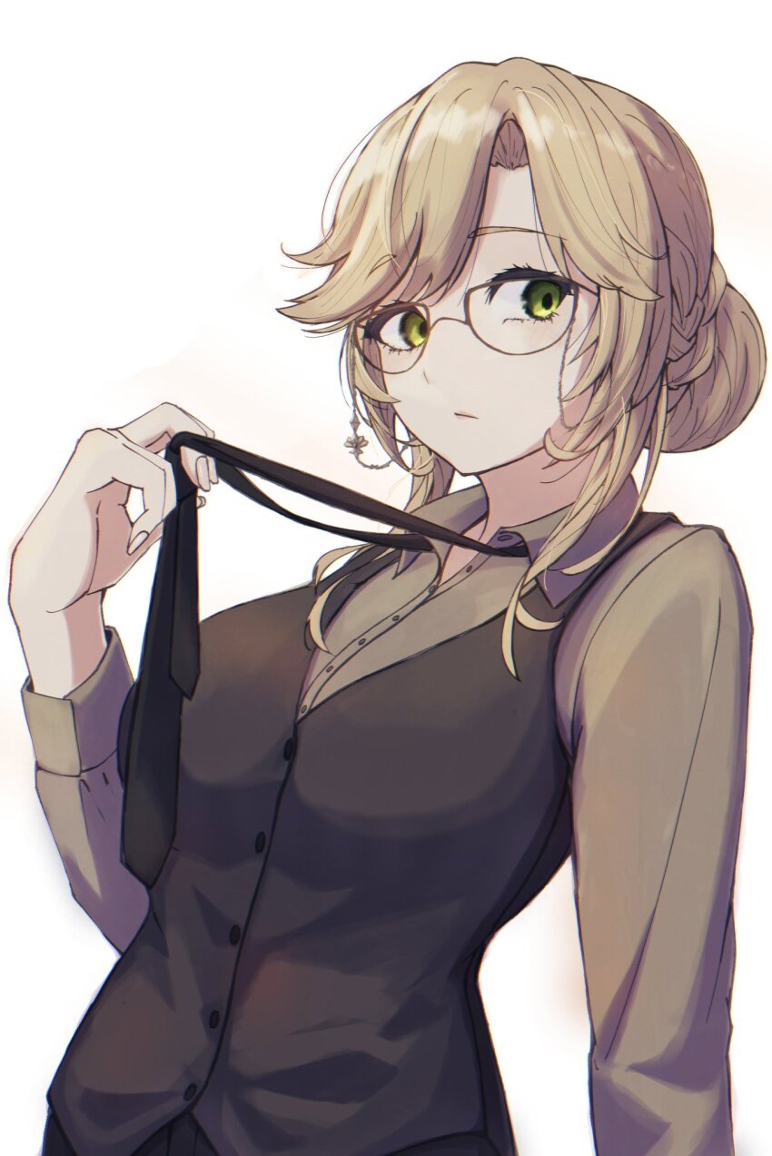 1girl, ade_(nikke), black_necktie, black_vest, blonde_hair, breasts, brown_shirt, collared_shirt