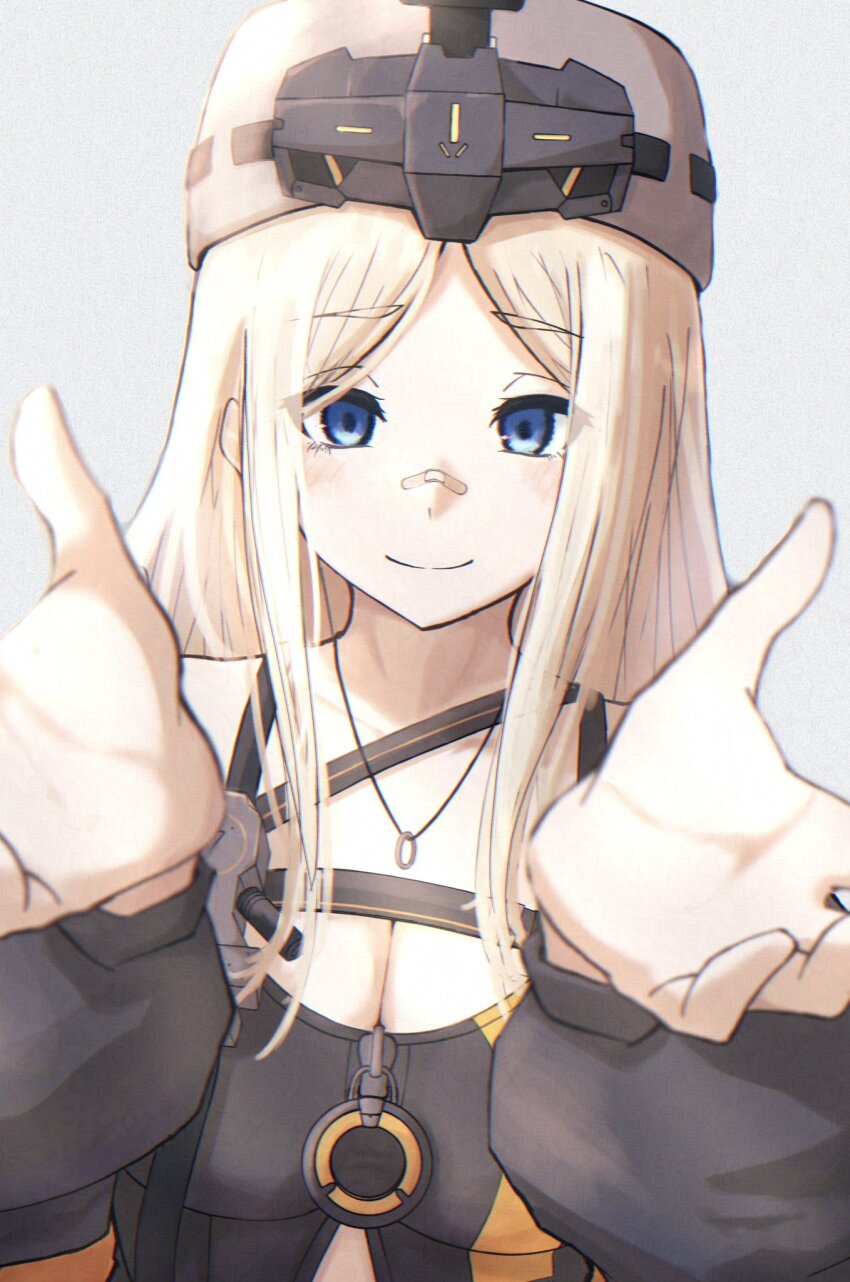 1girl, bandaid, bandaid_on_face, bandaid_on_nose, bare_shoulders, black_shirt, blonde_hair, blue_eyes