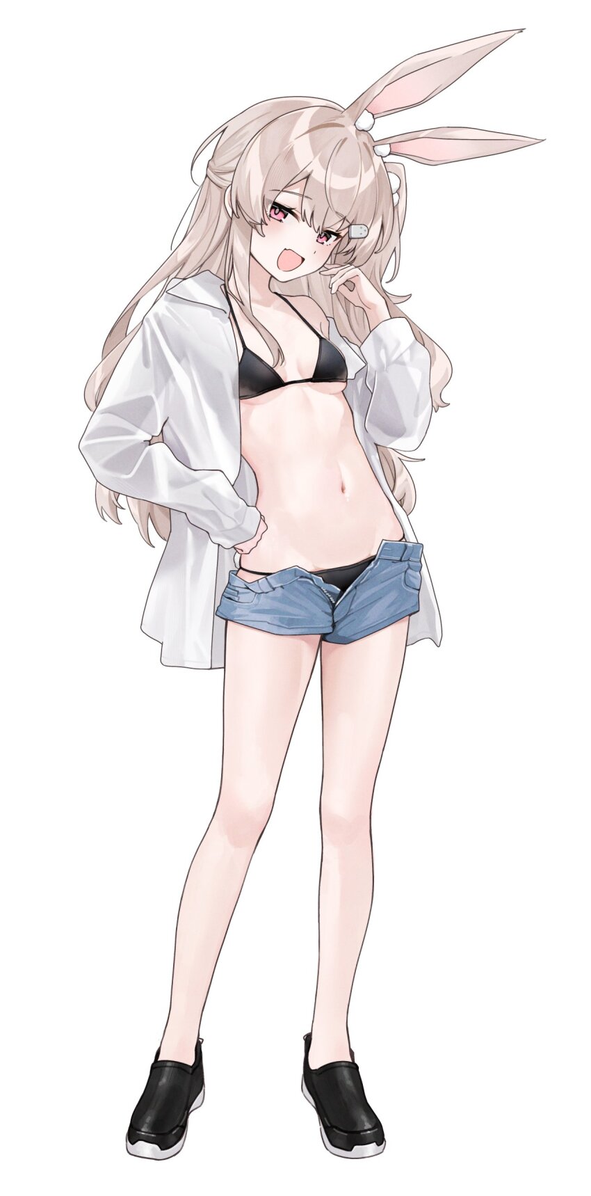 1girl, :d, absurdres, adjusting_hair, animal_ear_fluff, animal_ears, bikini, bikini_under_clothes