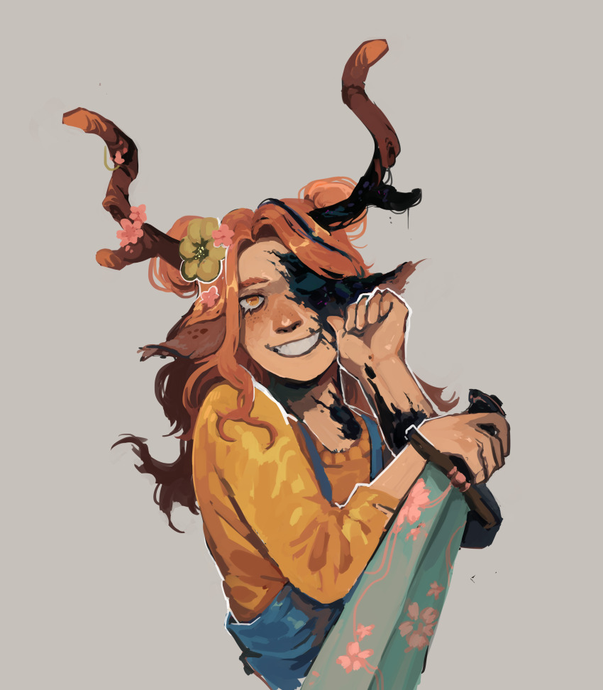 1girl, absurdres, animal_ears, antlers, deer_antlers, deer_ears, deer_girl, double_bun