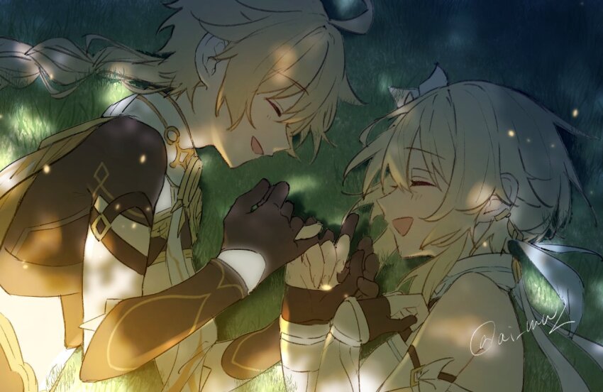 1boy, 1girl, aether_(genshin_impact), ahoge, akasaki_aimu, bare_shoulders, blonde_hair, braid, braided_ponytail, brother_and_sister, brown_shirt, closed_mouth, cropped_shirt, fingerless_gloves, genshin_impact, gloves, grass, light, long_hair, lumine_(genshin_impact), on_ground, open_mouth, pinky_swear, ponytail, scarf, shirt, short_hair, siblings, signature, smile, tree_shade, twins, upper_body, vambraces, white_scarf