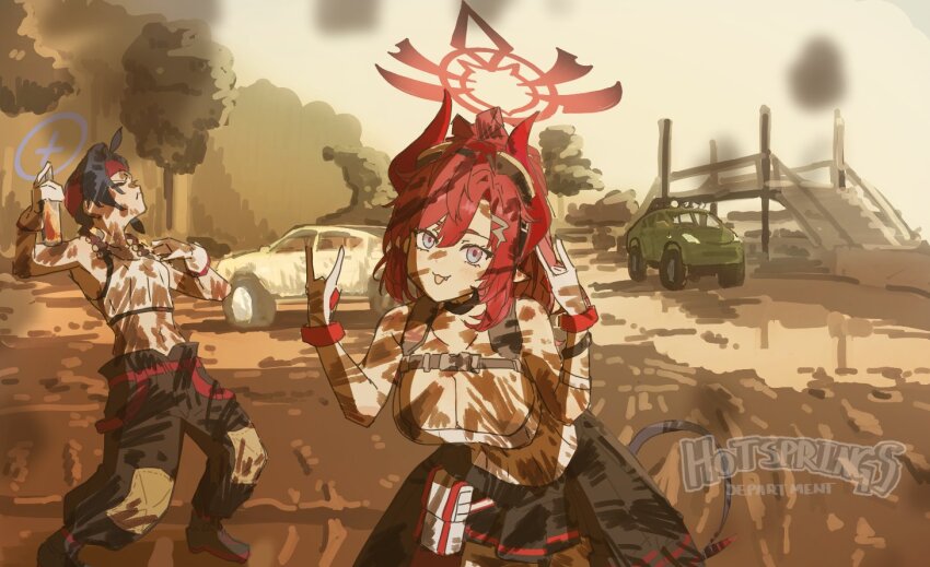 2girls, :3, \n/, bandolier, belt, black_footwear, black_hair, black_jacket, black_pants, black_skirt, blue_archive, blue_eyes, blurry, blurry_foreground, boots, bottle, breasts, car, chest_harness, cleavage, clich51368861, clothes_around_waist, commentary, crop_top, dancing, day, demon_horns, demon_tail, dirty, double_n/, frown, goggles, goggles_on_head, grand_theft_auto, grand_theft_auto_vi, hair_ornament, hairclip, halo, hands_up, harness, headband, holding, holding_bottle, horns, hot_springs_department_member_(blue_archive), hot_springs_department_member_(sg)_(blue_archive), jacket, jacket_around_waist, large_breasts, long_hair, looking_at_viewer, megu_(blue_archive), miniskirt, monster_truck, motor_vehicle, mud, multiple_girls, navel, open_mouth, outdoors, pants, parody, pleated_skirt, pointy_ears, ponytail, puddle, red_hair, red_headband, scene_reference, scoop_neck, skirt, small_breasts, tail, tank_top, white_tank_top