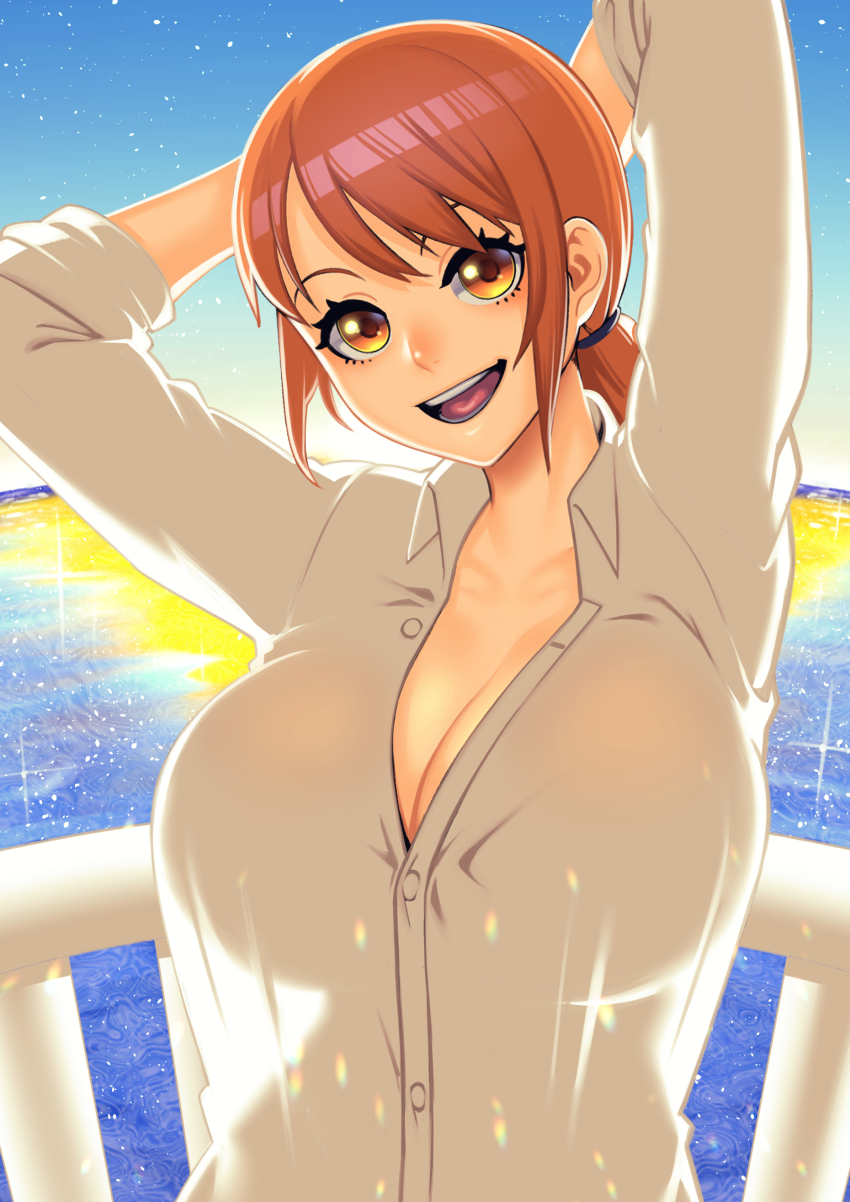 1girl, :d, absurdres, arms_up, blue_sky, breasts, brown_eyes, cleavage, collared_shirt, dyun, gradient_eyes, highres, huge_breasts, large_breasts, looking_at_viewer, multicolored_eyes, nami_(one_piece), one_piece, one_piece:_strong_world, open_mouth, orange_eyes, orange_hair, partially_unbuttoned, piece, ponytail, railing, shirt, sky, smile, solo, sparkle, teeth, upper_body, water, white_shirt