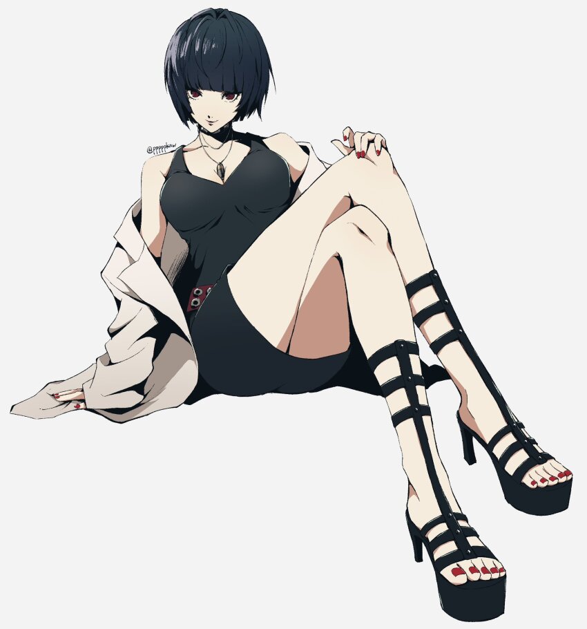 1girl, arm_support, bare_shoulders, belt, black_dress, black_hair, black_sandals, blunt_bangs