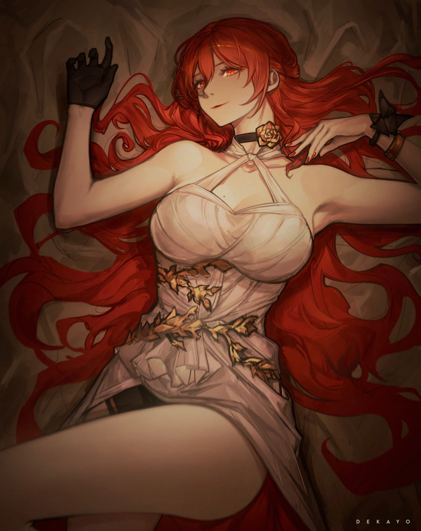 1girl, absurdres, armpits, arms_up, artist_name, bare_shoulders, black_choker, black_gloves, black_shorts, bracelet, breasts, choker, cleavage, commentary, deka_yo, dress, english_commentary, flower, from_above, gloves, hair_between_eyes, hair_spread_out, highres, himeko_(honkai:_star_rail), honkai:_star_rail, honkai_(series), jewelry, knees_out_of_frame, large_breasts, long_hair, looking_at_viewer, lying, nail_polish, o-ring_dress, on_back, red_eyes, red_hair, red_nails, shorts, single_glove, smile, solo, thighs, very_long_hair, white_dress, wristband, yellow_flower