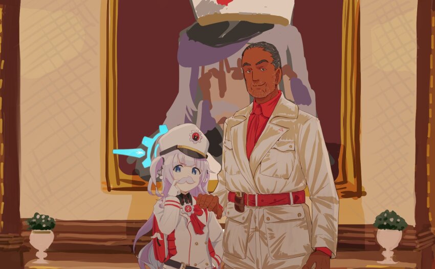 1boy, 1girl, anton_castillo, arm_at_side, backpack, bag, bag_charm, balding