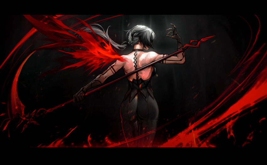 1girl, absurdres, arlecchino_(genshin_impact), arm_tattoo, armor, ass, backless_shirt, black_armor