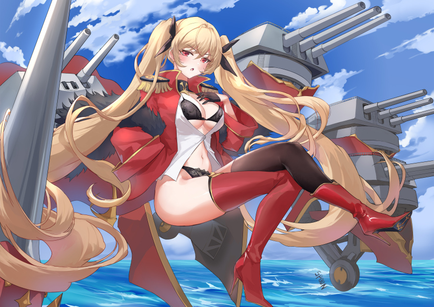 1girl, absurdly_long_hair, absurdres, asymmetrical_footwear, azur_lane, black_bra, black_panties, black_ribbon, blue_sky, boots, bra, breasts, center_opening, coat, crossed_legs, day, epaulettes, full_body, fur_trim, gloves, gold_trim, hair_ribbon, half_gloves, high_collar, high_heel_boots, high_heels, highres, large_breasts, long_hair, long_sleeves, looking_at_viewer, nelson_(azur_lane), nelson_(retrofit)_(azur_lane), outdoors, panties, patent_boots, patent_heels, red_boots, red_coat, red_eyes, red_thighhighs, ribbon, rigging, sitting, sky, solo, stiletto_heels, thigh_boots, thighhighs, tiaogeng, twintails, underwear, very_long_hair, water