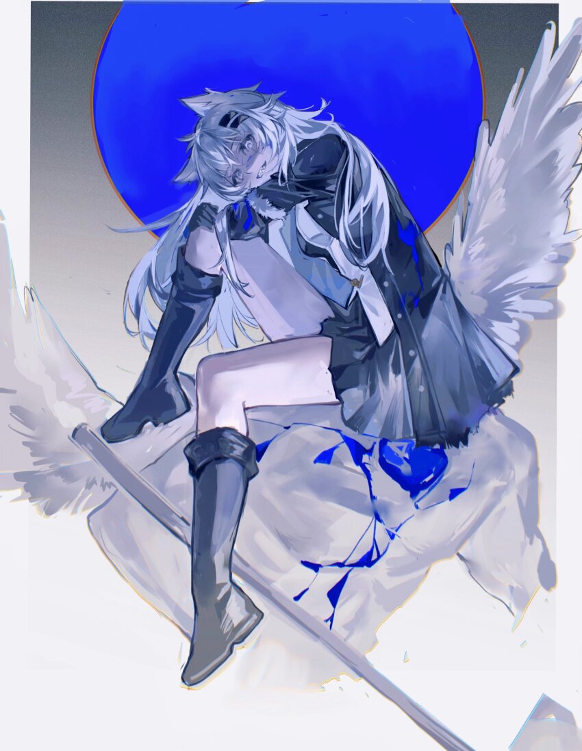 1girl, animal_ears, arknights, boots, chromatic_aberration, coat, full_body, grey_eyes