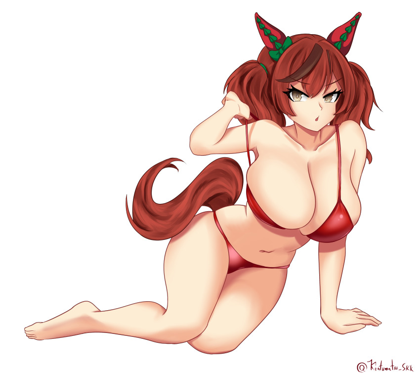 1girl, absurdres, alternate_breast_size, animal_ears, barefoot, bikini, bow, breasts