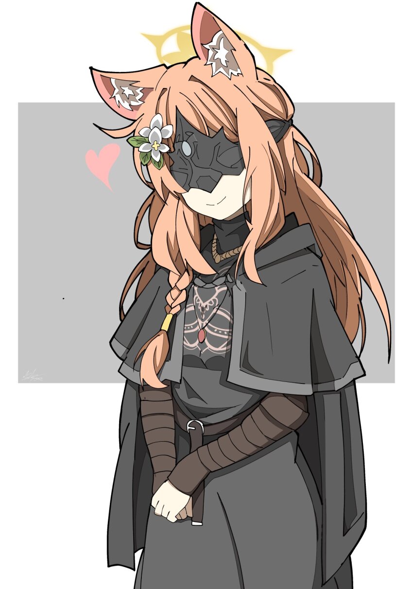 1girl, animal_ear_fluff, animal_ears, black_cape, blindfold, blindfold_mask, blue_archive, cape, capelet, cat_ears, cat_girl, cosplay, covered_eyes, dark_souls_(series), dark_souls_i, fire_keeper, fire_keeper_(cosplay), halo, heart, highres, long_hair, mari_(blue_archive), mask, smile, solo, user_zugh5444