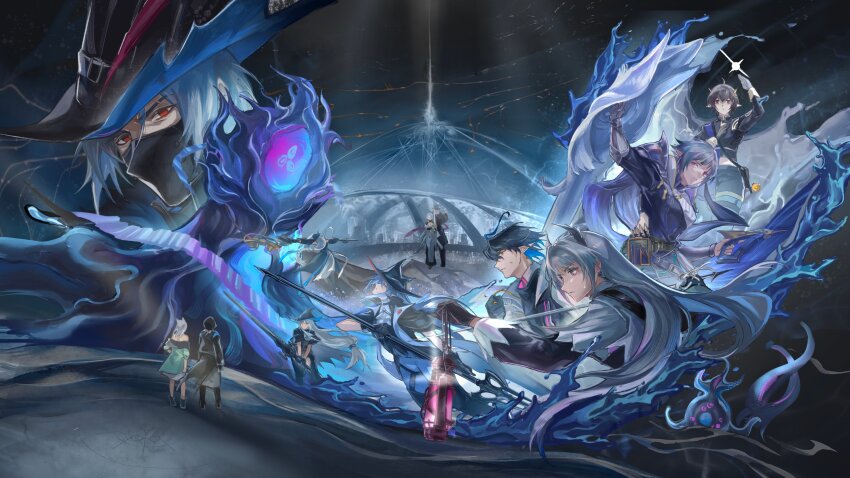 1other, 3boys, 6+girls, absurdres, arknights, black_gloves, black_hair, black_hat, blue_hair, carmen_(arknights), character_request, doctor_(arknights), gladiia_(arknights), gloves, grey_hair, gun, hat, highres, holding, holding_gun, holding_polearm, holding_shield, holding_sword, holding_weapon, hood, hooded_jacket, irene_(arknights), jacket, kal'tsit_(arknights), lantern, long_hair, lumen_(arknights), mask, mouth_mask, multicolored_hair, multiple_boys, multiple_girls, off_shoulder, pink_eyes, pointy_ears, polearm, red_eyes, shield, short_hair, skadi_(arknights), specter_(arknights), specter_the_unchained_(arknights), sword, two-tone_hair, ulpianus_(arknights), underflow_(arknights), very_long_hair, weapon, yellow_eyes, zzhin3