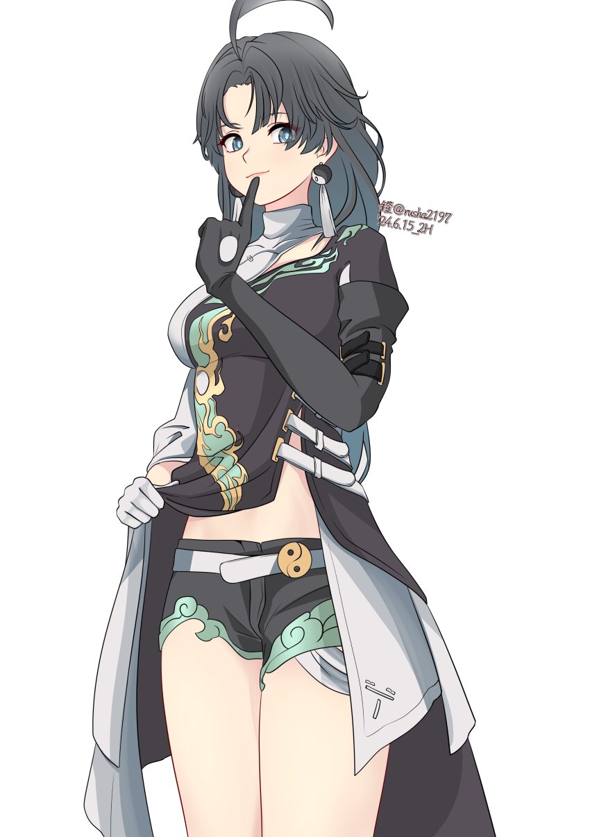 1girl, absurdres, ahoge, black_dress, black_shorts, blue_eyes, breasts, dress, earrings, finger_to_mouth, floating_earrings, gradient_hair, highres, jewelry, jianxin_(wuthering_waves), long_hair, medium_breasts, multicolored_dress, multicolored_hair, rusha2197, shorts, solo, thighs, white_dress, wuthering_waves