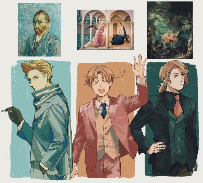 3boys, absurdres, ahoge, axis_powers_hetalia, black_gloves, blonde_hair, blue_necktie, brown_hair