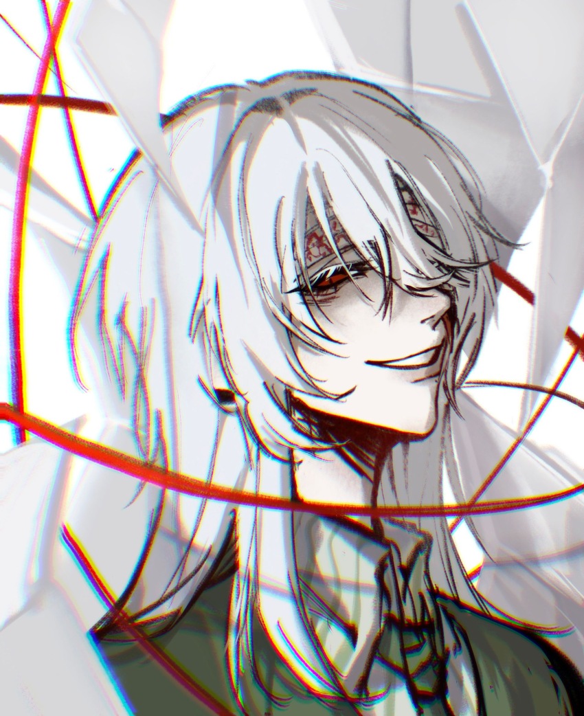 bandaged_head, bandages, chinese_commentary, chromatic_aberration, collared_shirt, commentary_request, green_jacket, green_necktie