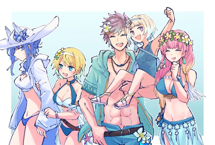 1boy, 4girls, :d, abs, alonemistrist, bare_shoulders, bikini, blonde_hair
