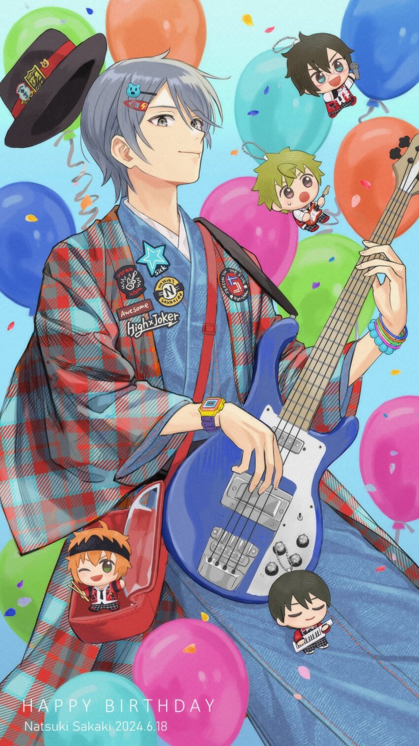 5boys, ahoge, akiyama_hayato, alternate_costume, aqua_background, badge, bag, balloon