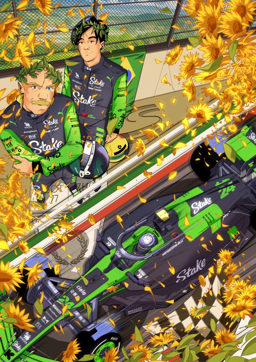 2boys, absurdres, autodromo_internazionale_enzo_e_dino_ferrari, black_eyes, black_hair, black_helmet, black_jumpsuit, blue_eyes, chain-link_fence, checkered_flag, crossed_arms, fence, flag, flower, formula_one, hair_behind_ear, head_tilt, helmet, highres, italian_flag, italy, juan_alcala, jumpsuit, making-of_available, male_focus, motion_blur, mullet, multiple_boys, official_art, promotional_art, puma_(brand), racetrack, racing_suit, real_life, sauber, sauber_c44, smile, spoiler_(automobile), sunflower, textless_version, unworn_headwear, unworn_helmet, valtteri_bottas, yellow_flower, yellow_helmet, zhou_guanyu